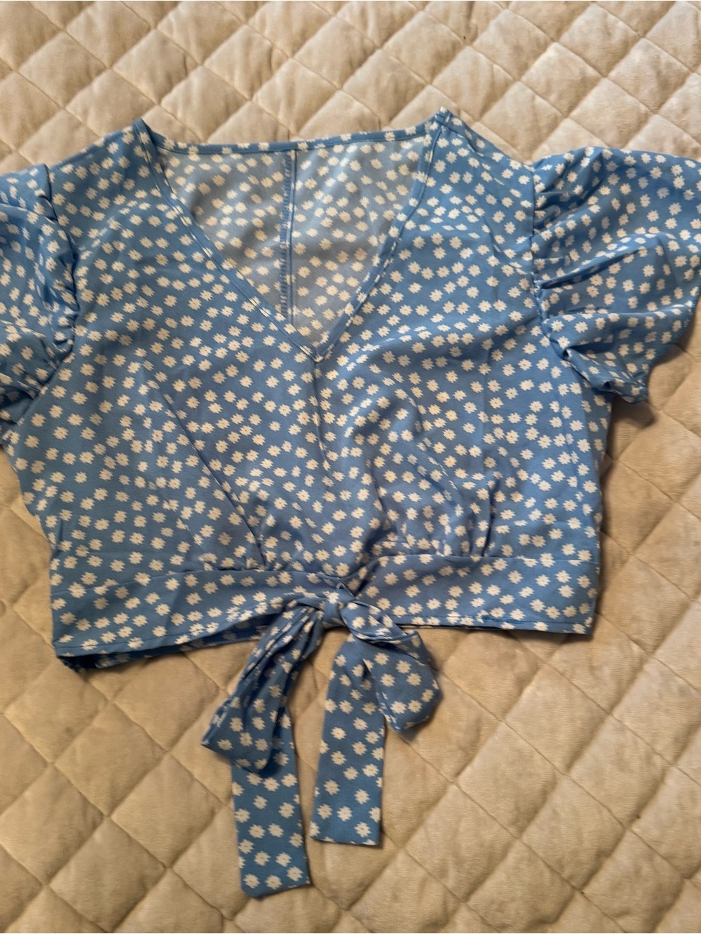 SHEIN Light Blue Daisy Tie-Front Crop Top